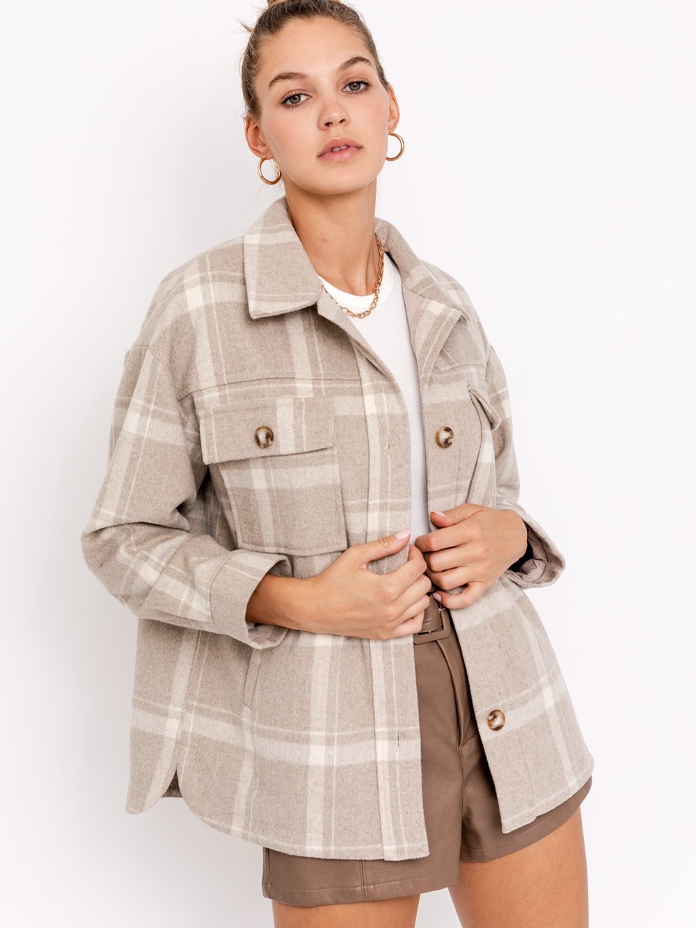 GILLI Plaid Shacket Womens Small Taupe Beige Cream Oversized Jacket Western